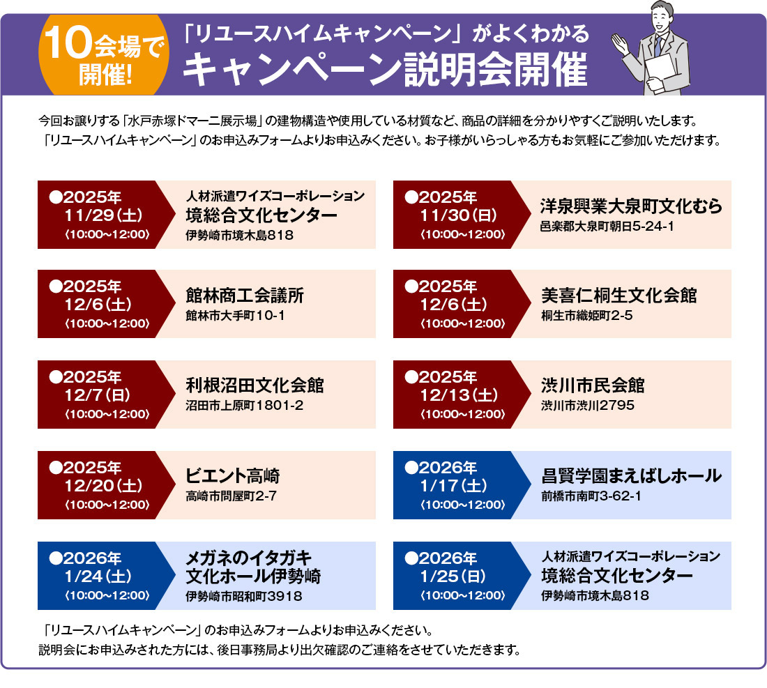 10会場で開催!「リユースハイムキャンペーン」がよくわかるキャンペーン説明会開催今回お譲りする「水戸赤塚ドマーニ展示場」の建物構造や使用している材質など、商品の詳細を分かりやすくご説明いたします。
「リユースハイムキャンペーン」のお申込みフォームよりお申込みください。お子様がいらっしゃる方もお気軽にご参加いただけます。