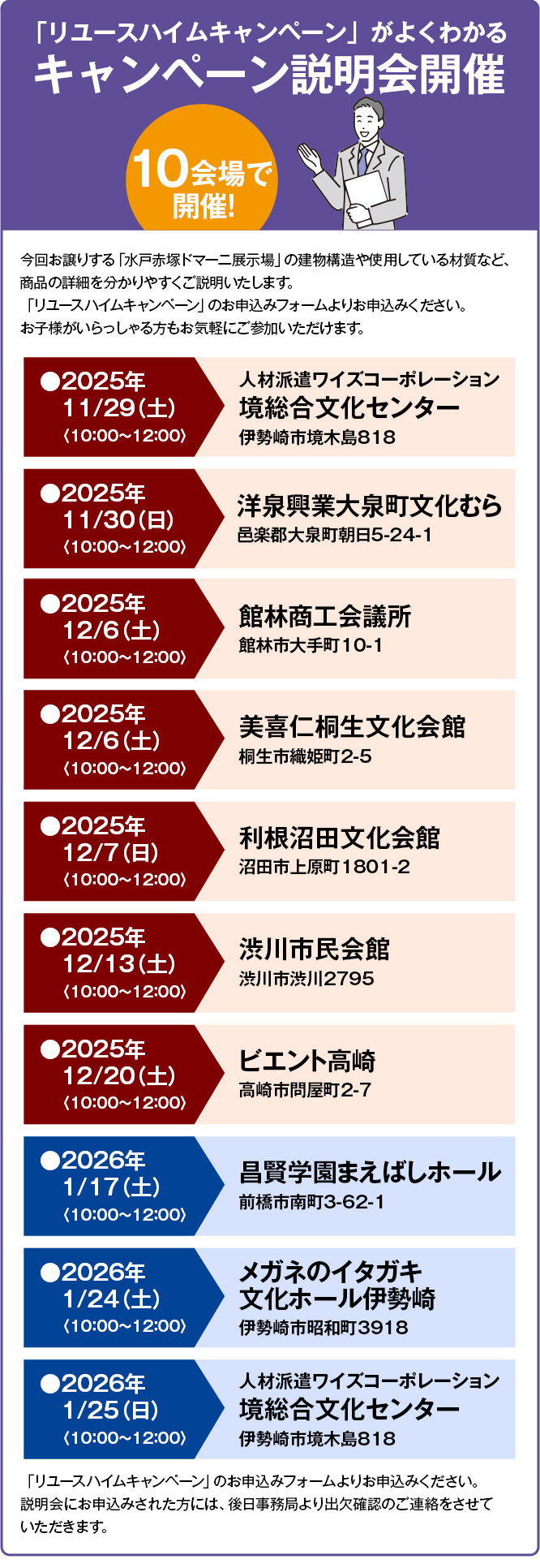 10会場で開催!「リユースハイムキャンペーン」がよくわかるキャンペーン説明会開催今回お譲りする「水戸赤塚ドマーニ展示場」の建物構造や使用している材質など、商品の詳細を分かりやすくご説明いたします。
「リユースハイムキャンペーン」のお申込みフォームよりお申込みください。お子様がいらっしゃる方もお気軽にご参加いただけます。